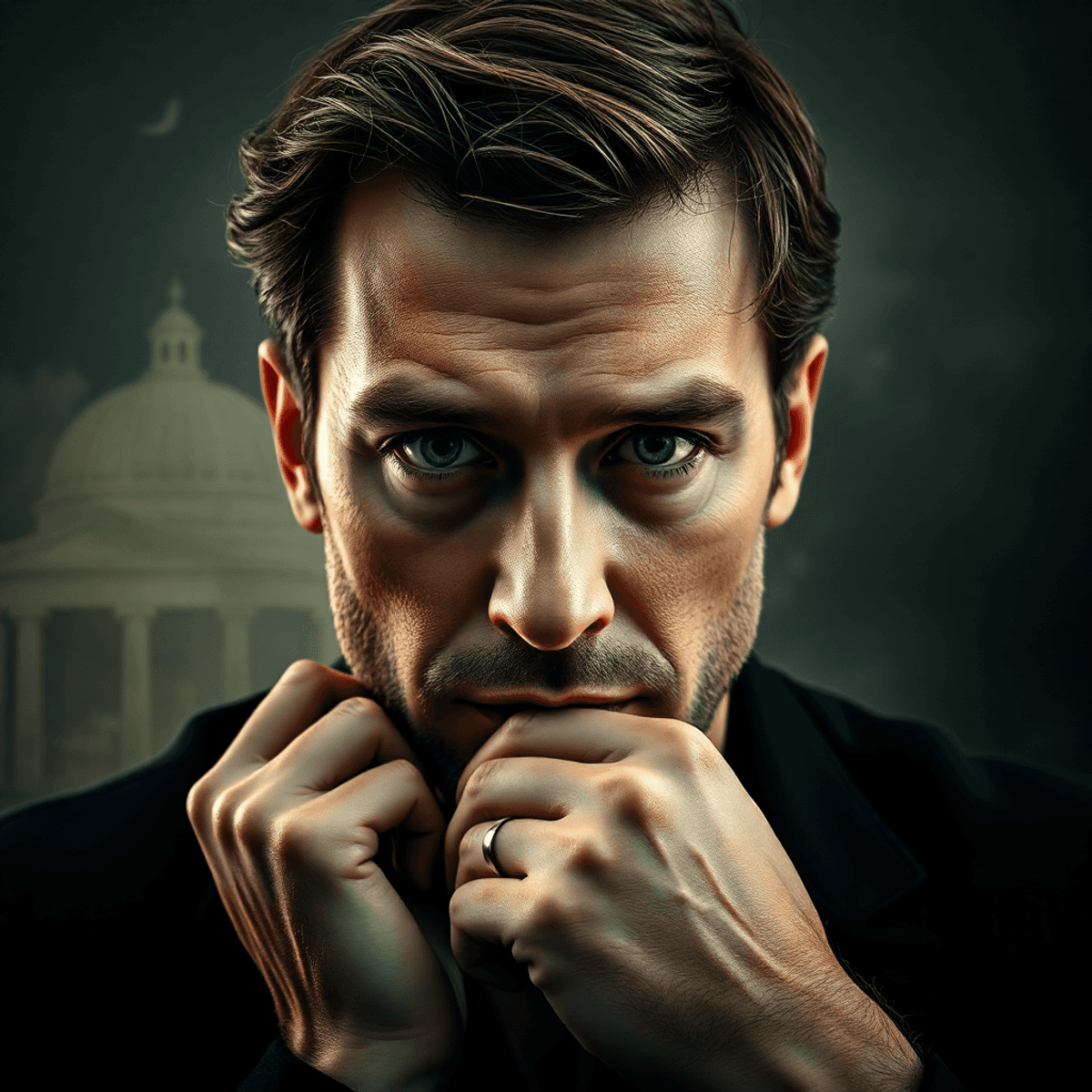 Portrait of a male actor with intense eyes against a moody, abstract background symbolizing storytelling an...