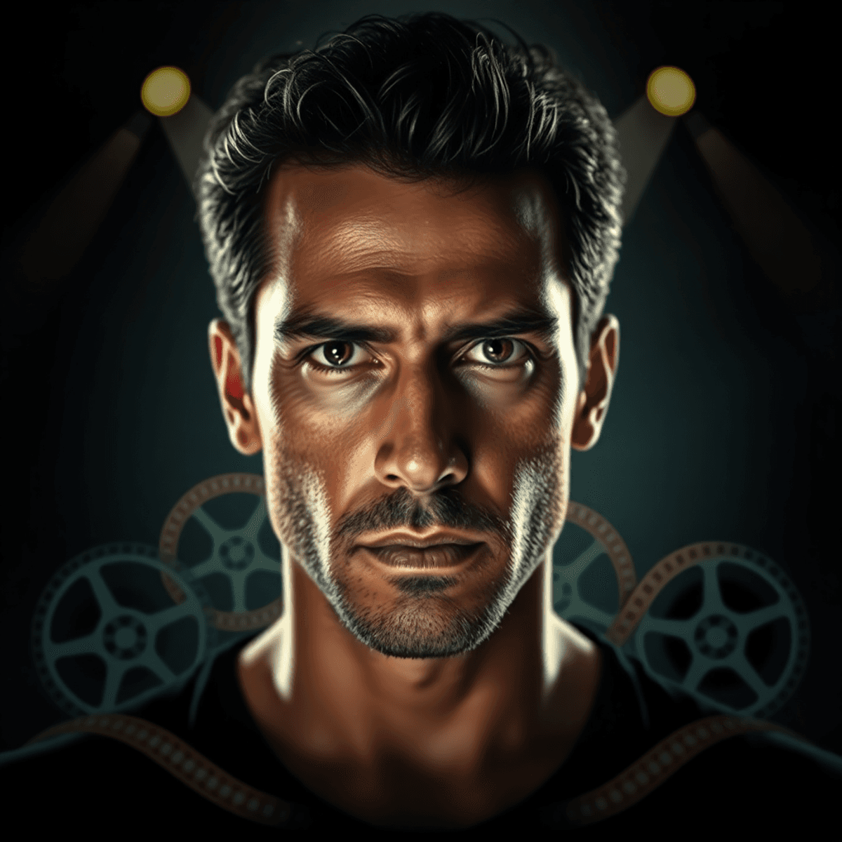 Portrait of a male actor with intense expression, surrounded by film reels and spotlight beams against a da...