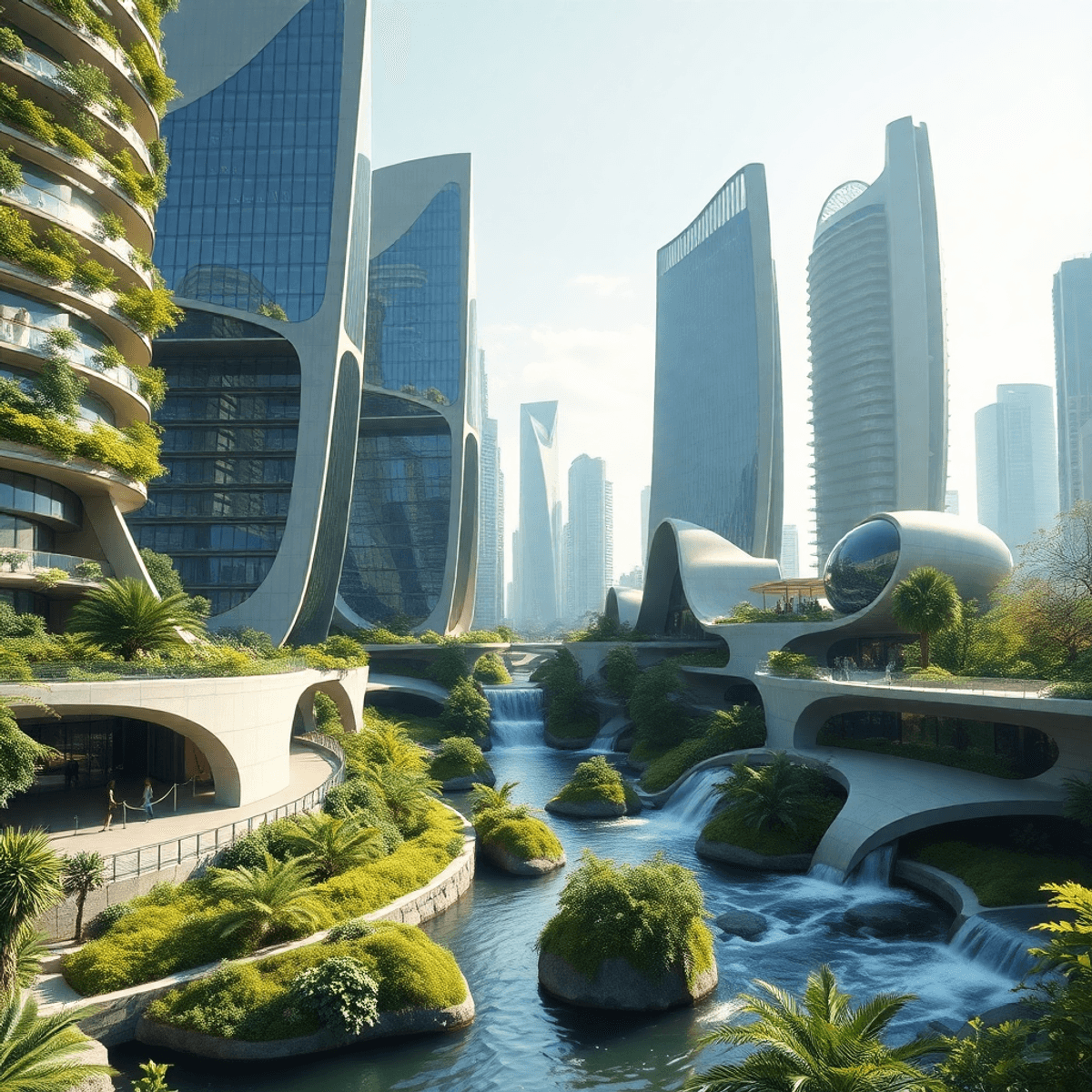 Futuristic cityscape with sleek eco-friendly buildings, lush greenery, flowing water, and dynamic natural l...