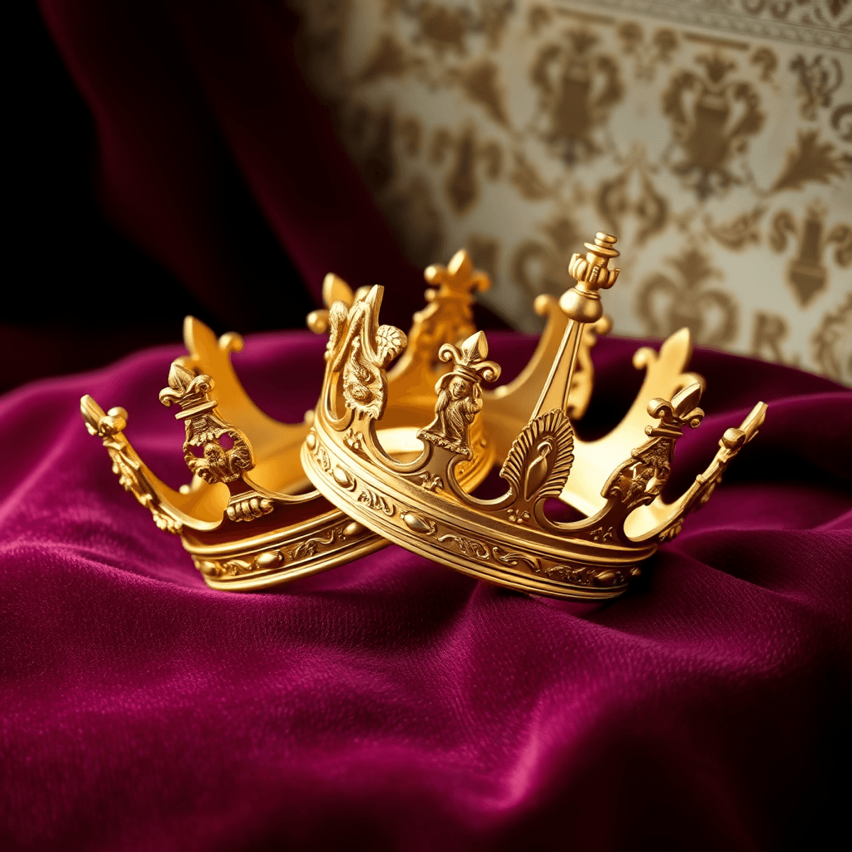 Two intertwined golden crowns on rich velvet, blending classic and modern designs with abstract patterns symbolizing heritage and economic power.