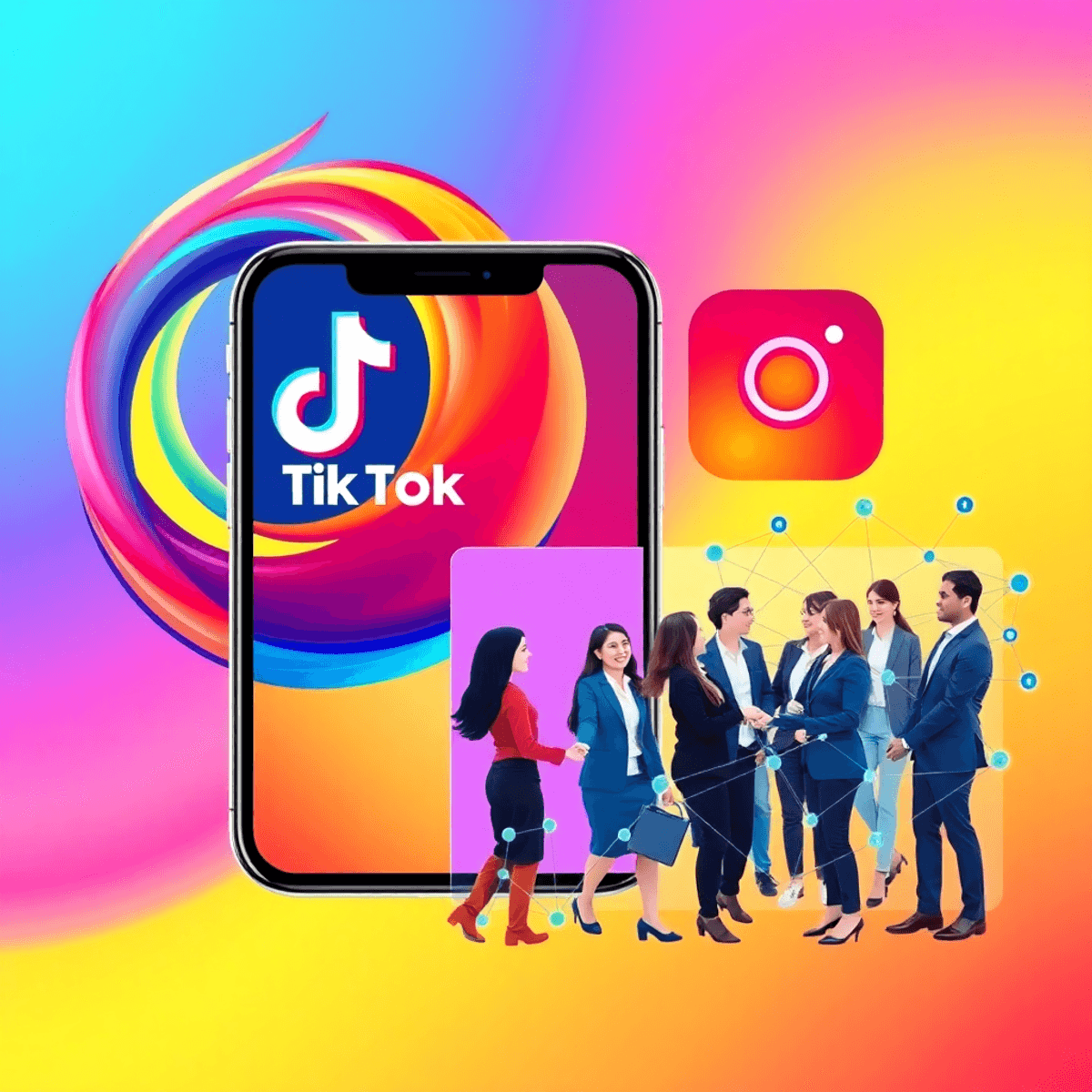Collage of abstract TikTok swirl, stylish Instagram photo frame, and diverse professionals collaborating fo...