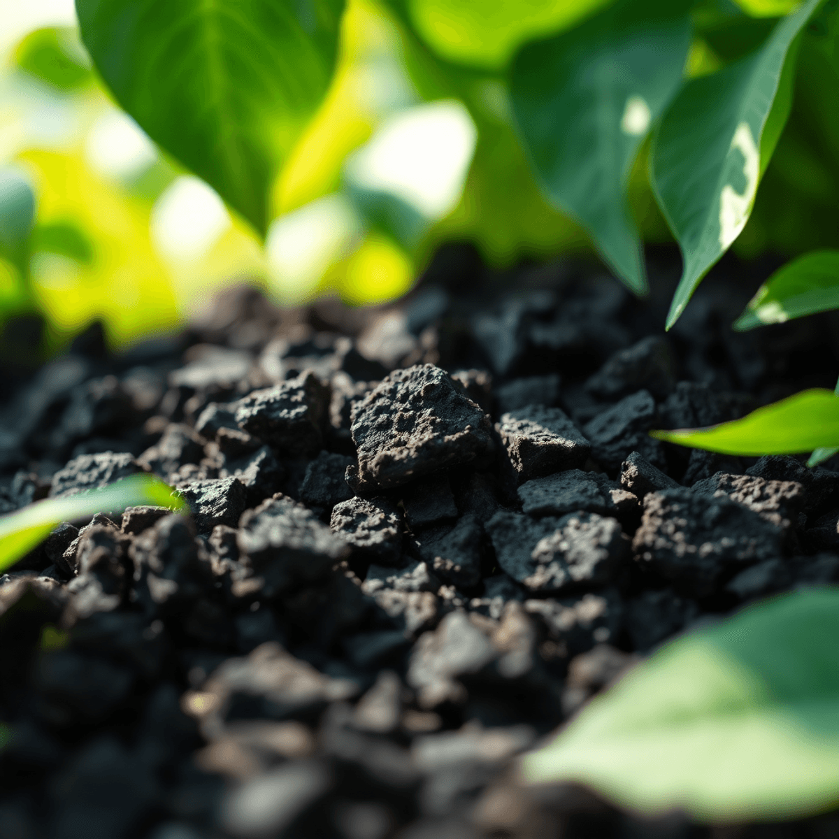 Close-up of dark biochar pieces glowing softly, surrounded by green leaves and natural light, representing ...