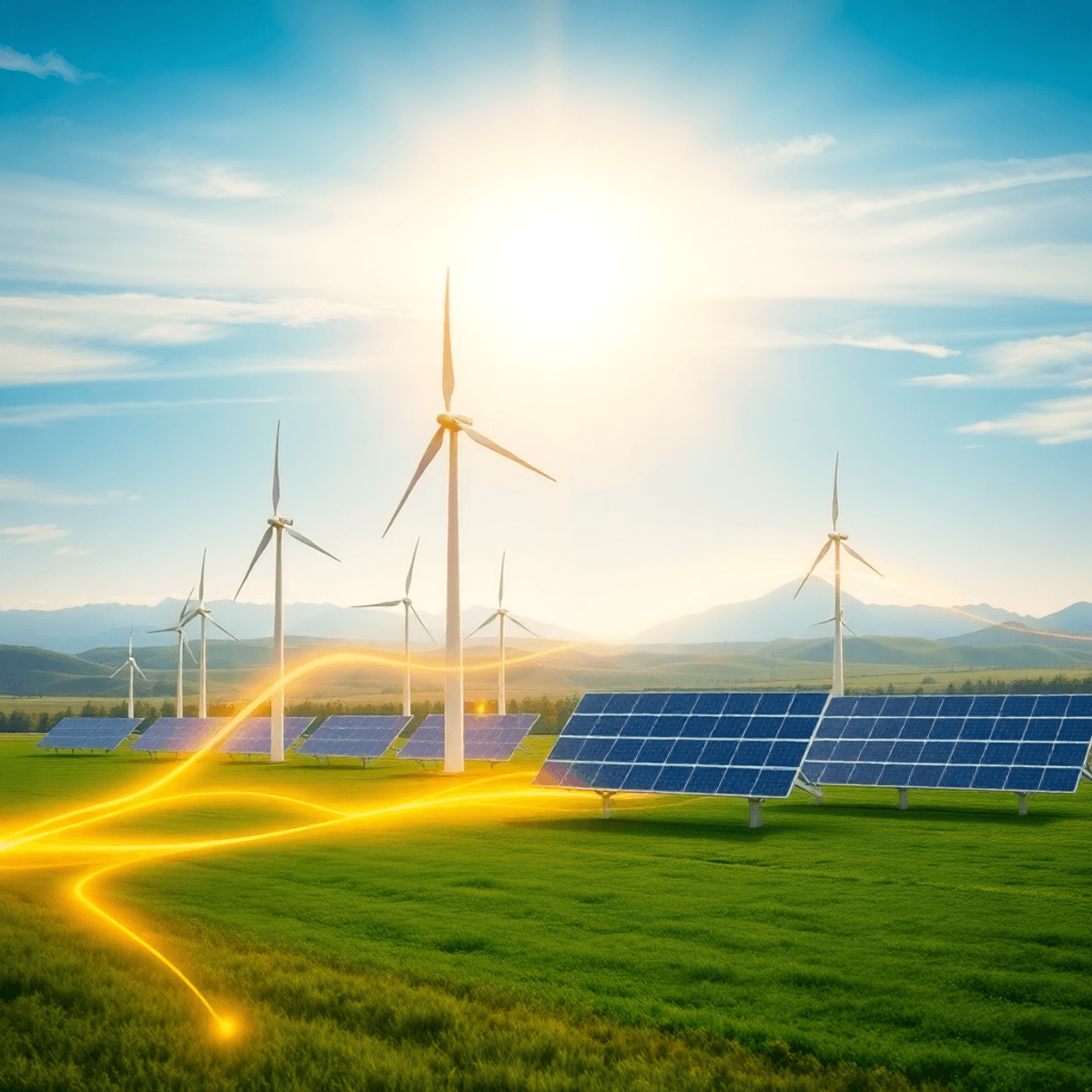 Modern wind turbines and solar panels connected by glowing energy lines against mountains and green fields under a bright sky, symbolizing clean renewable energy.