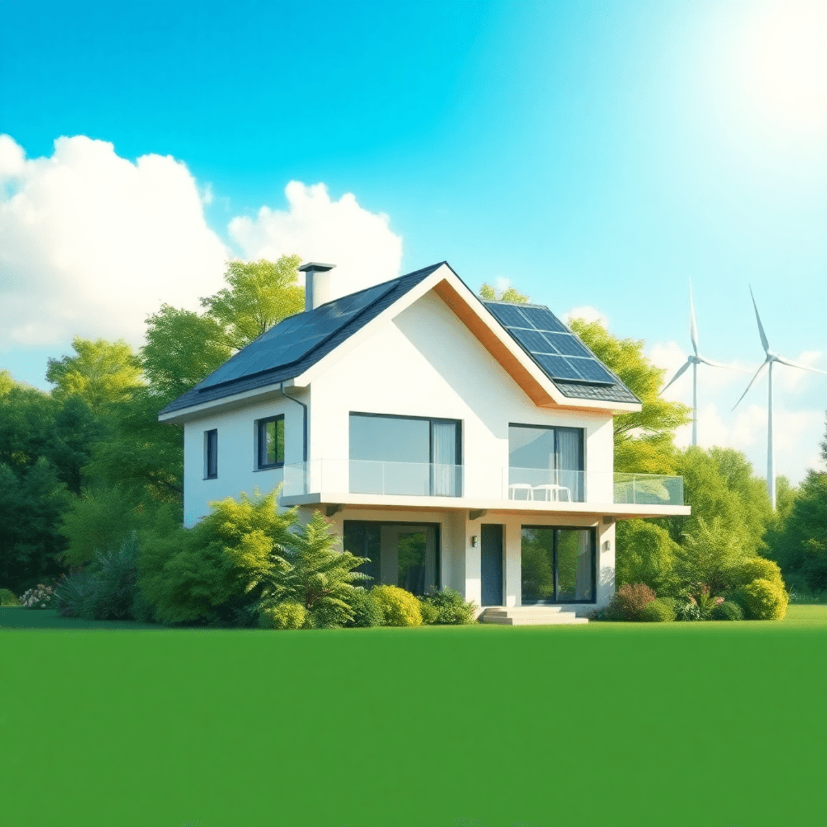 Modern eco-friendly house with solar panels, surrounded by greenery, wind turbines in the background under ...