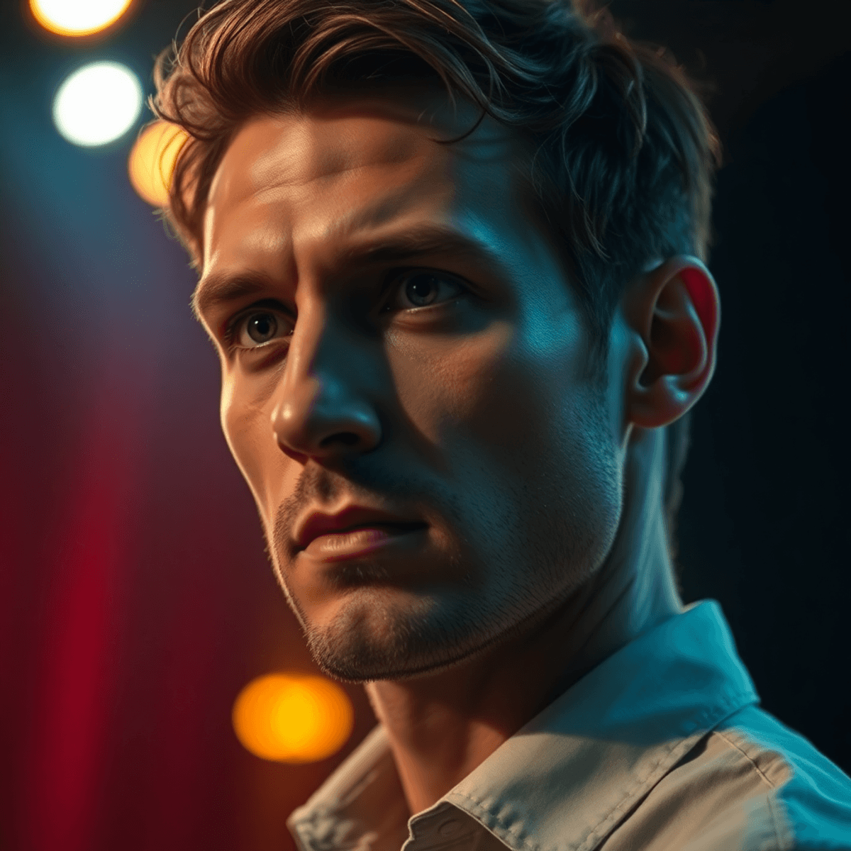 Close-up of a thoughtful male actor with soft lighting, intense expression, and a blurred warm theater stag...