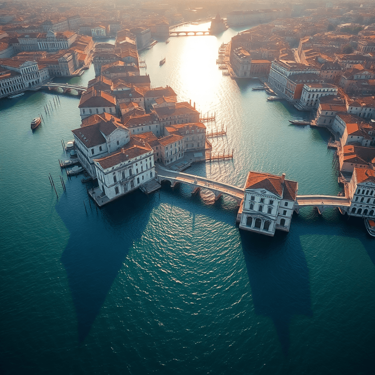 Aerial view of Venice with canals, stone buildings, arched bridges, wooden poles in water, all bathed in so...