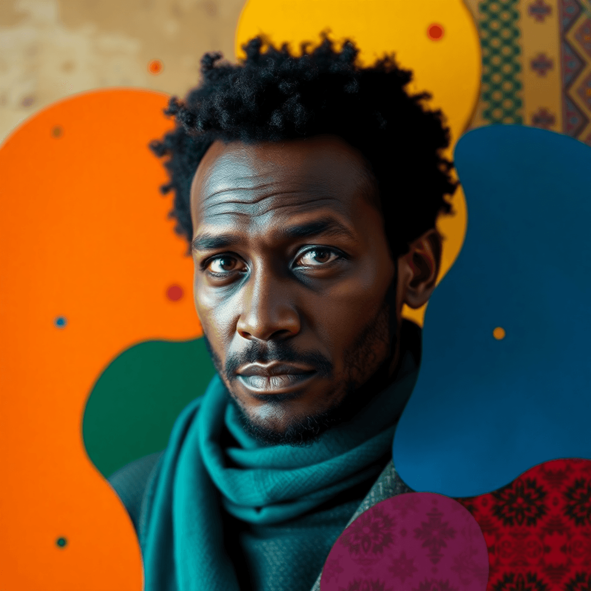 Portrait of a man surrounded by colorful abstract shapes with warm, patterned background inspired by Salvad...