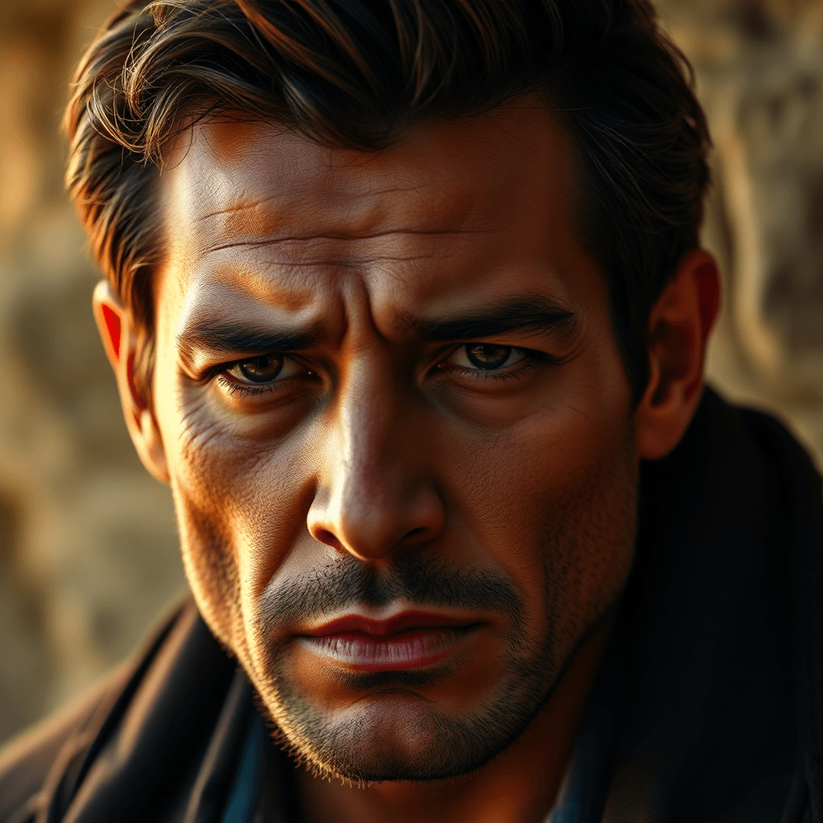 Close-up of a thoughtful male actor with intense expression, warm lighting highlighting facial details agai...