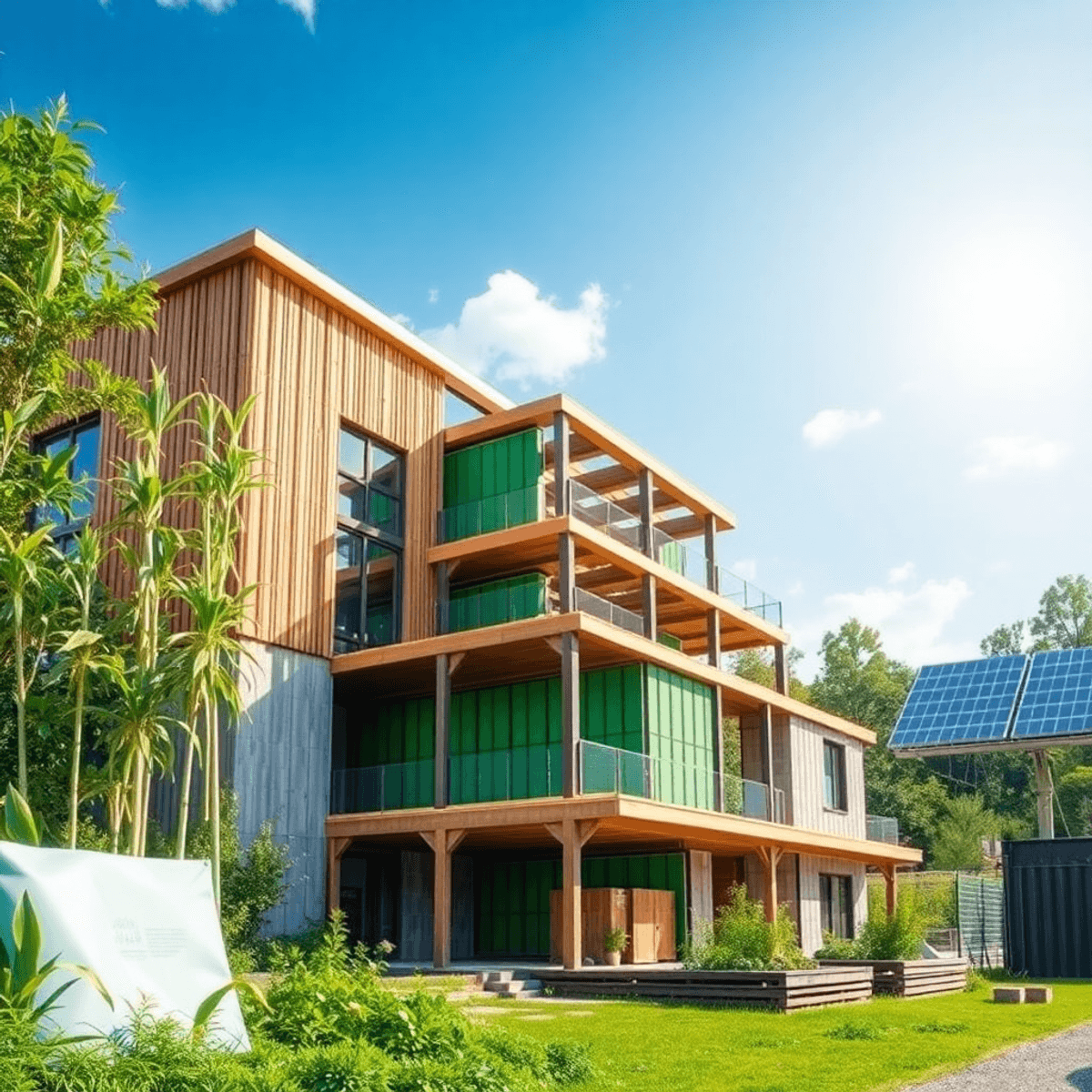 Modern construction site with eco-friendly materials, solar panels, and lush greenery under a bright sky, s...