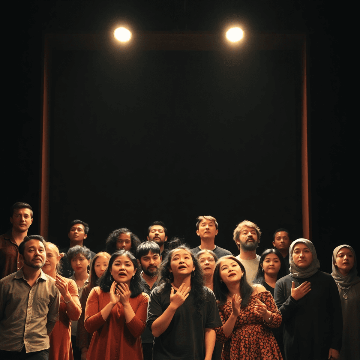 Actors in expressive poses wearing traditional theatrical masks under warm spotlight on a dark stage, captu...