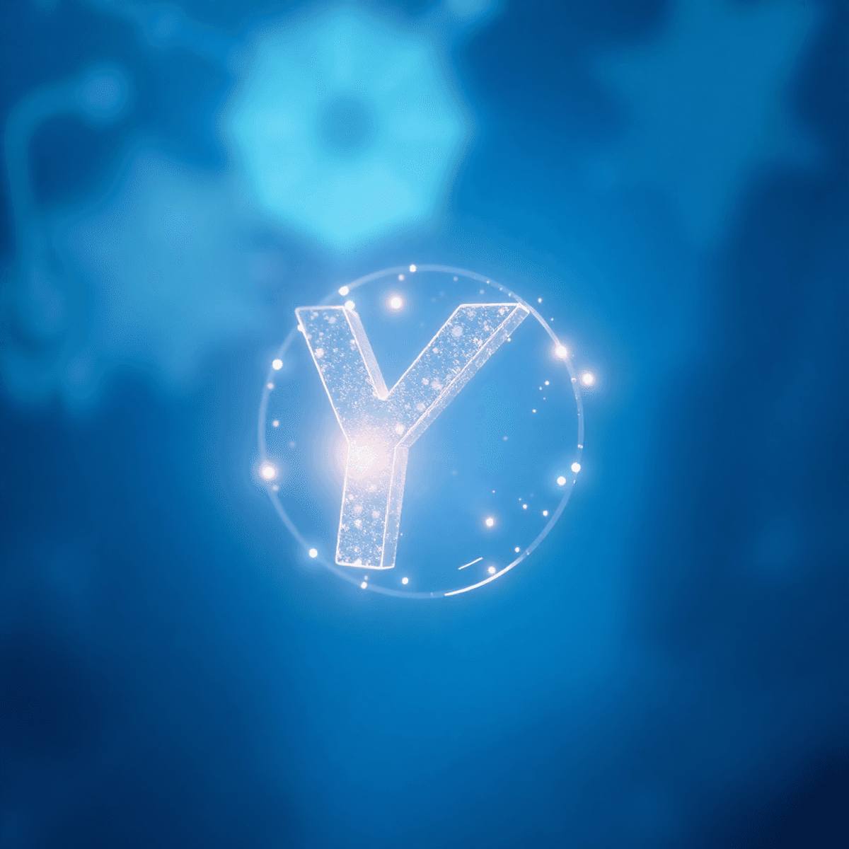 Close-up of glowing abstract metallic yttrium symbol with blue and silver hues, blurred surgical instrument...