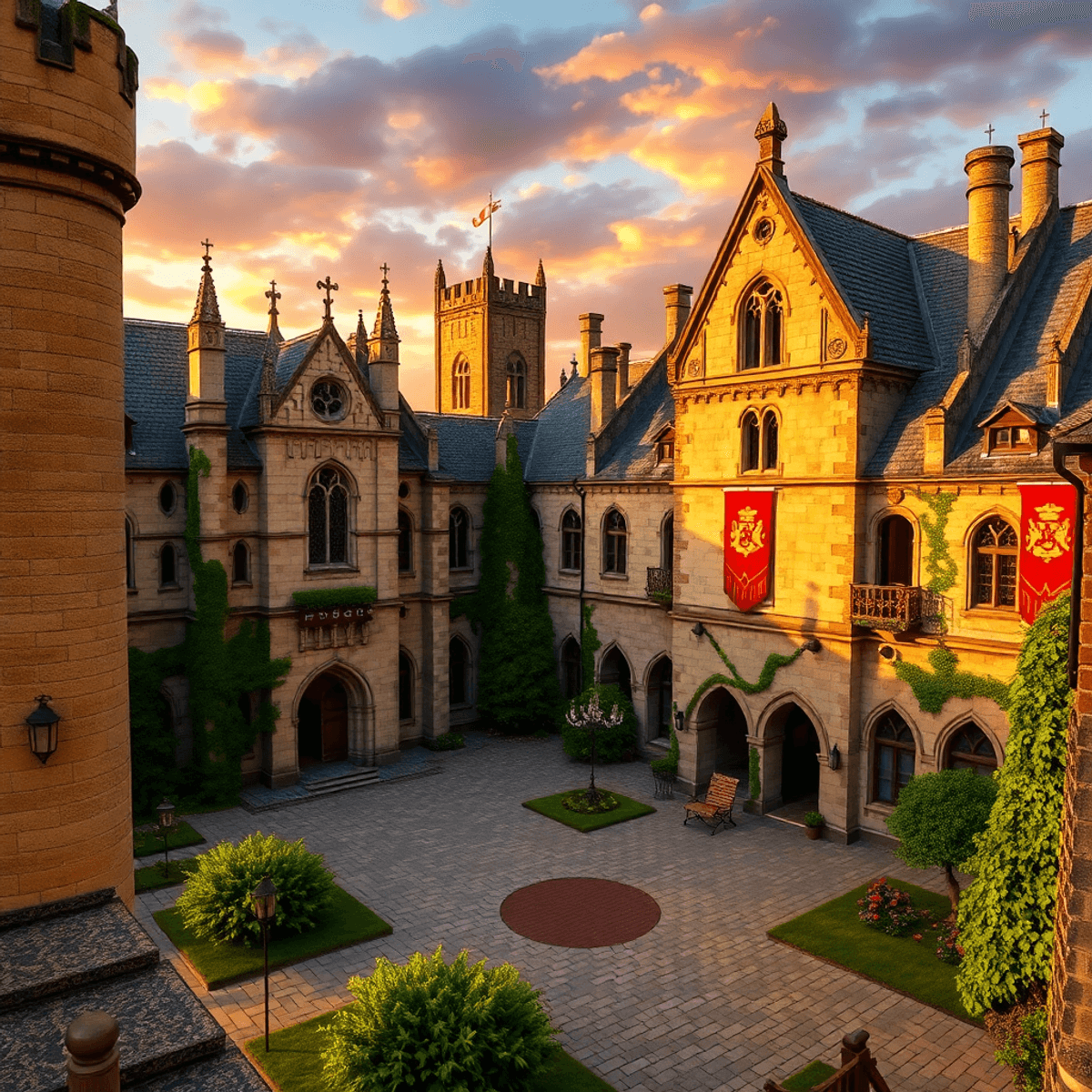 Medieval castle courtyard at sunset with stone cathedrals, manor houses, greenery, heraldic banners, and in...