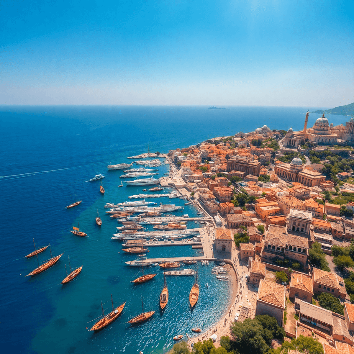 Aerial view of a sunlit ancient coastal city with classical buildings, busy harbors of wooden ships, and ol...