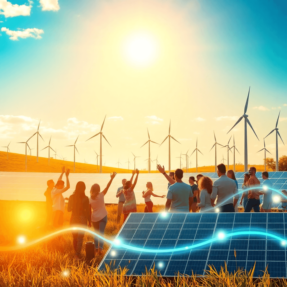 A group of people outdoors near solar panels and wind turbines under a bright sky with glowing light trails...