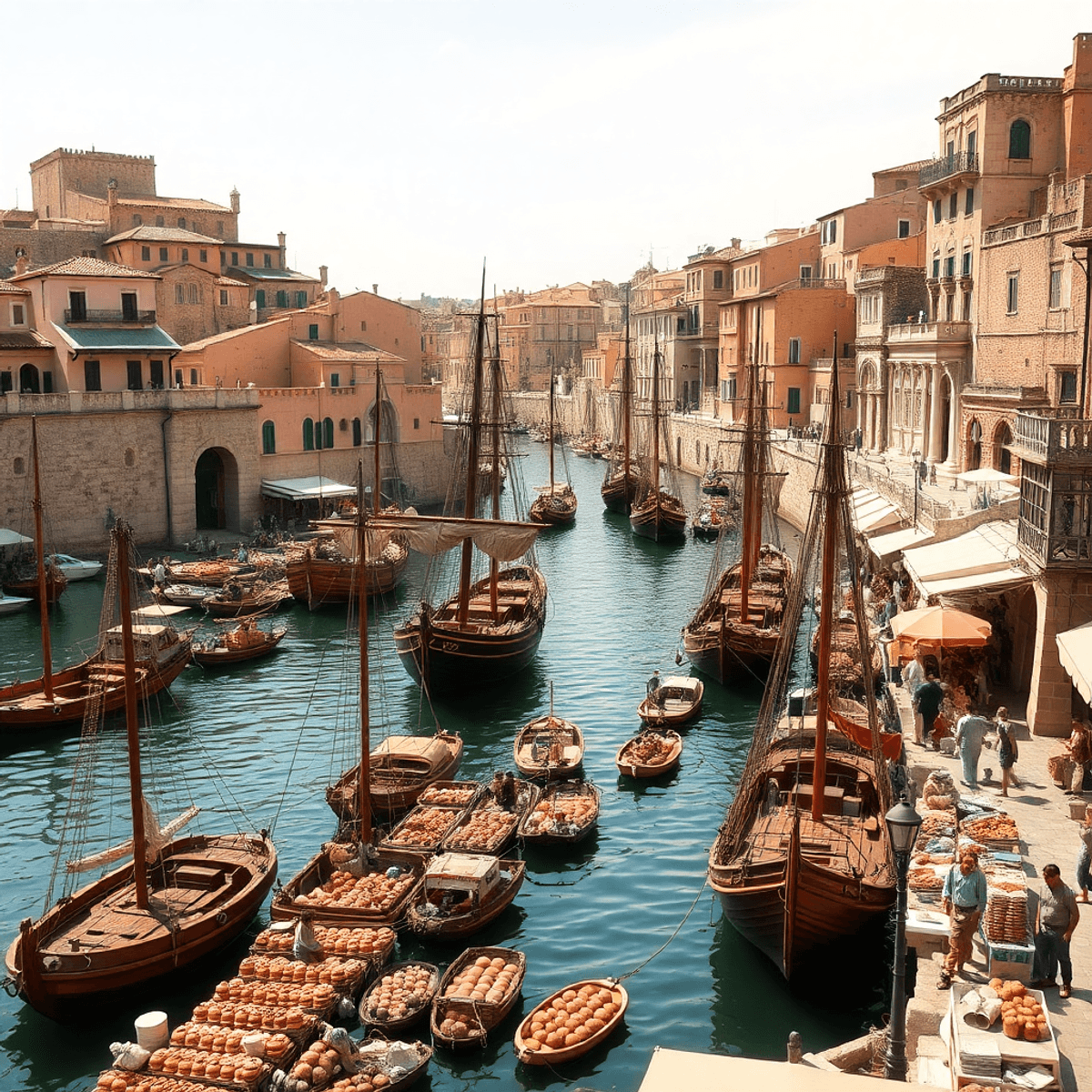 Bustling ancient Mediterranean port with wooden ships, merchants trading pottery and textiles, stone buildi...