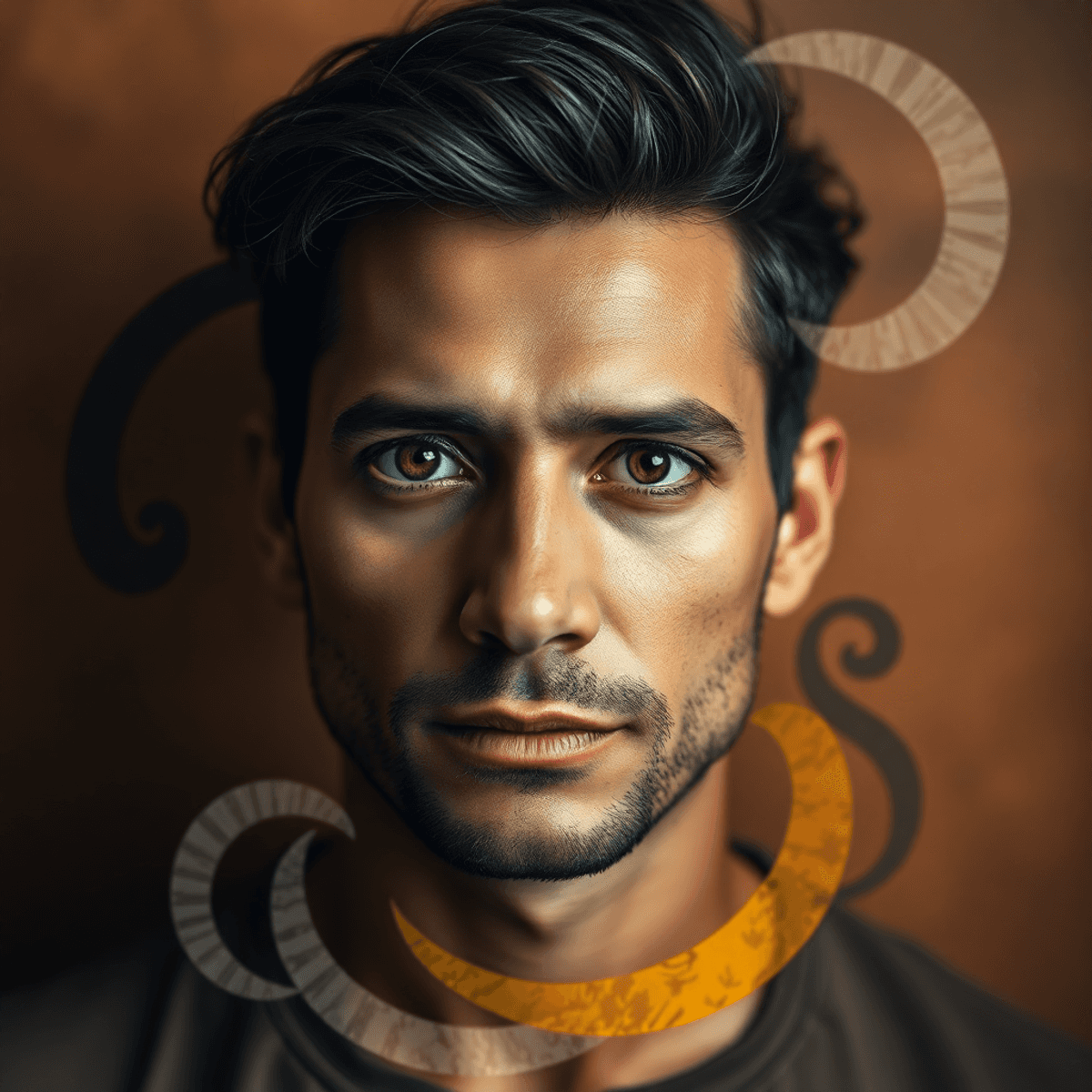 Portrait of a man with expressive eyes surrounded by abstract swirling shapes on a warm, textured backgroun...