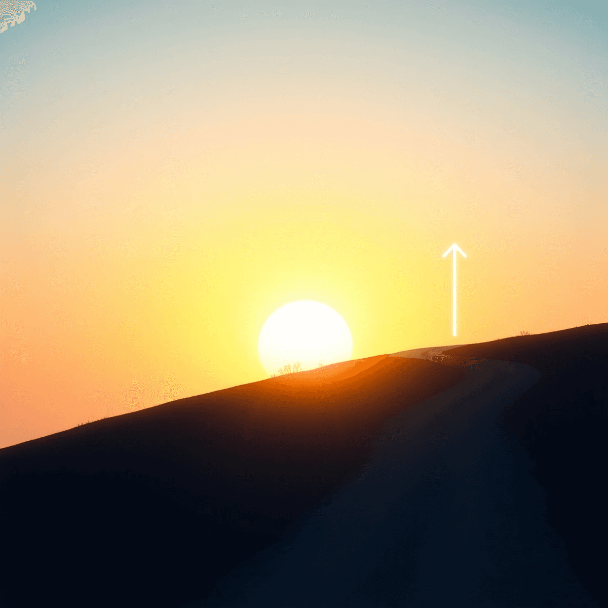 Sunrise over a winding path with glowing arrows and geometric shapes, symbolizing motivation and progress a...