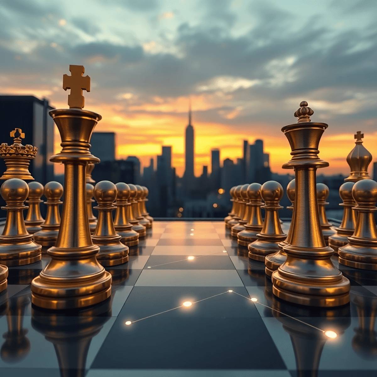 Intricate golden and silver chessboard with glowing connections, set against a city skyline at dusk, symbolizing influence, strategy, and economic influence.