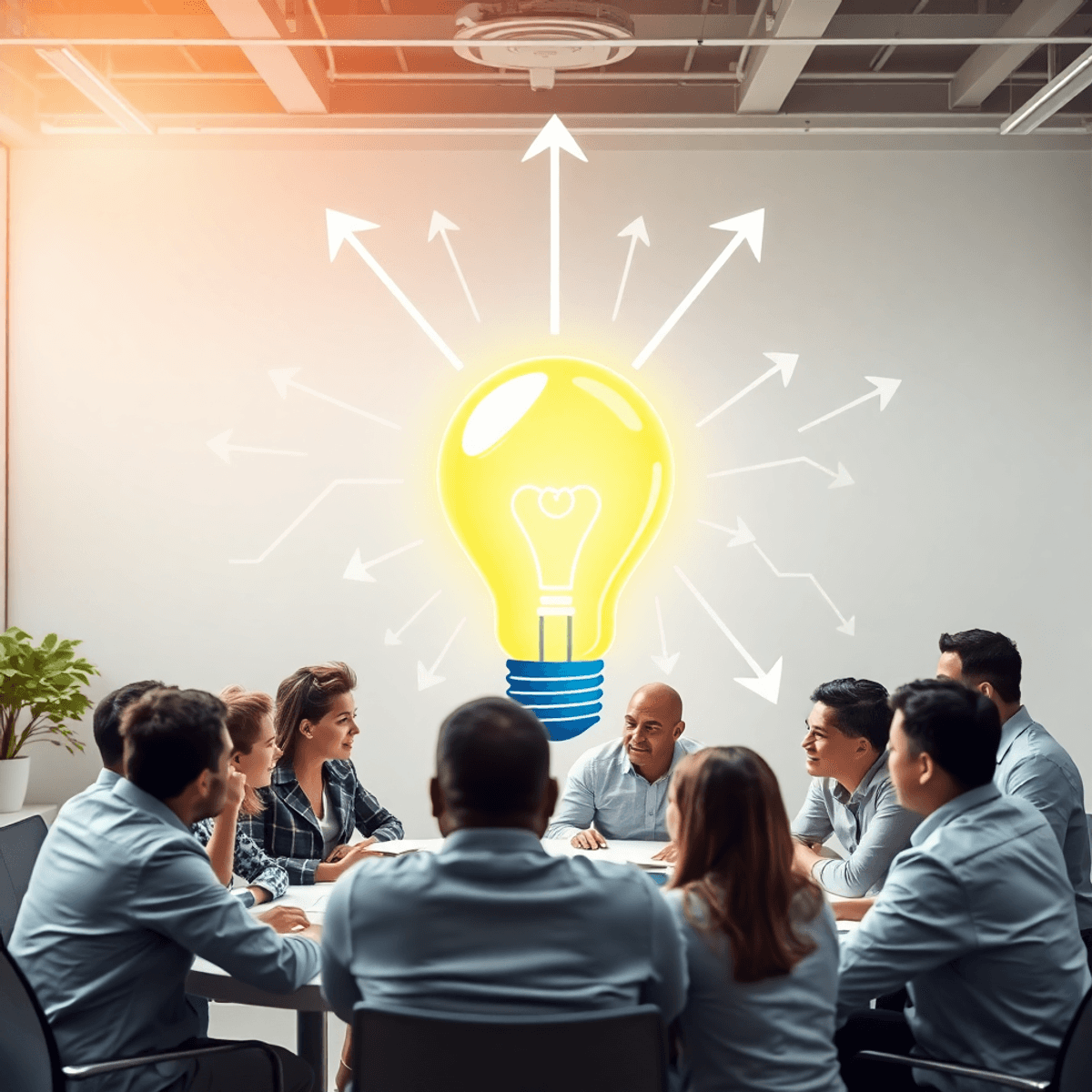 A group of professionals brainstorming around a glowing abstract light bulb with arrows and pathways in a b...