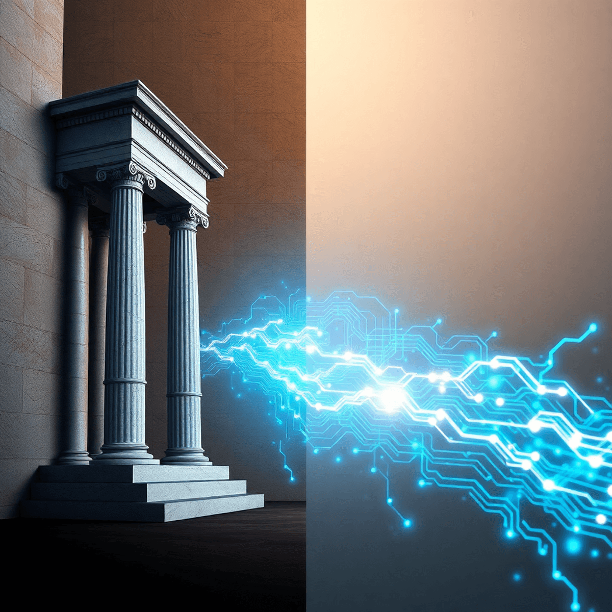 A photo showing classical marble columns and statues merging into glowing digital circuits and data streams...