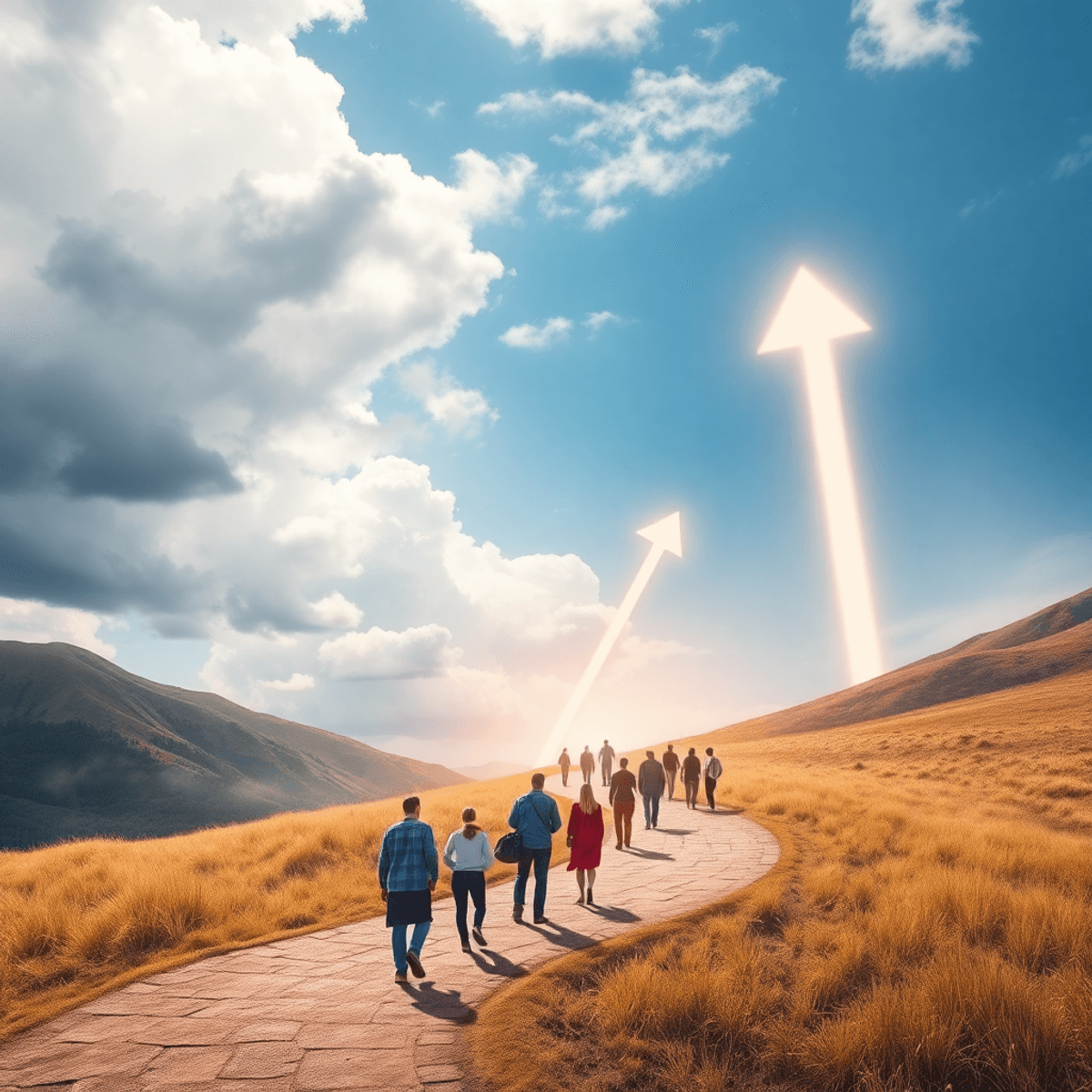 A group stands on a winding path from stormy clouds to clear skies, with glowing arrows and light beams sym...