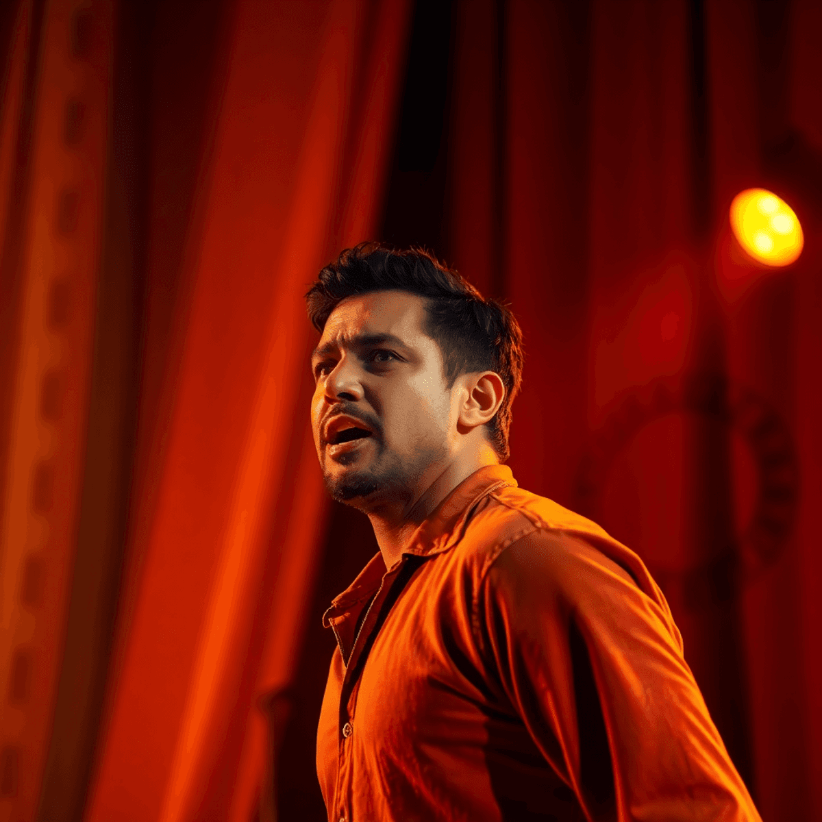 Male actor performing passionately on a vibrant stage with warm lighting, abstract curtains, and film reel ...