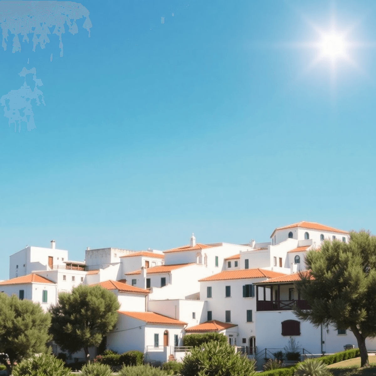 Sunlit Mediterranean coastal village with whitewashed buildings, terracotta roofs, lush greenery, olive tre...