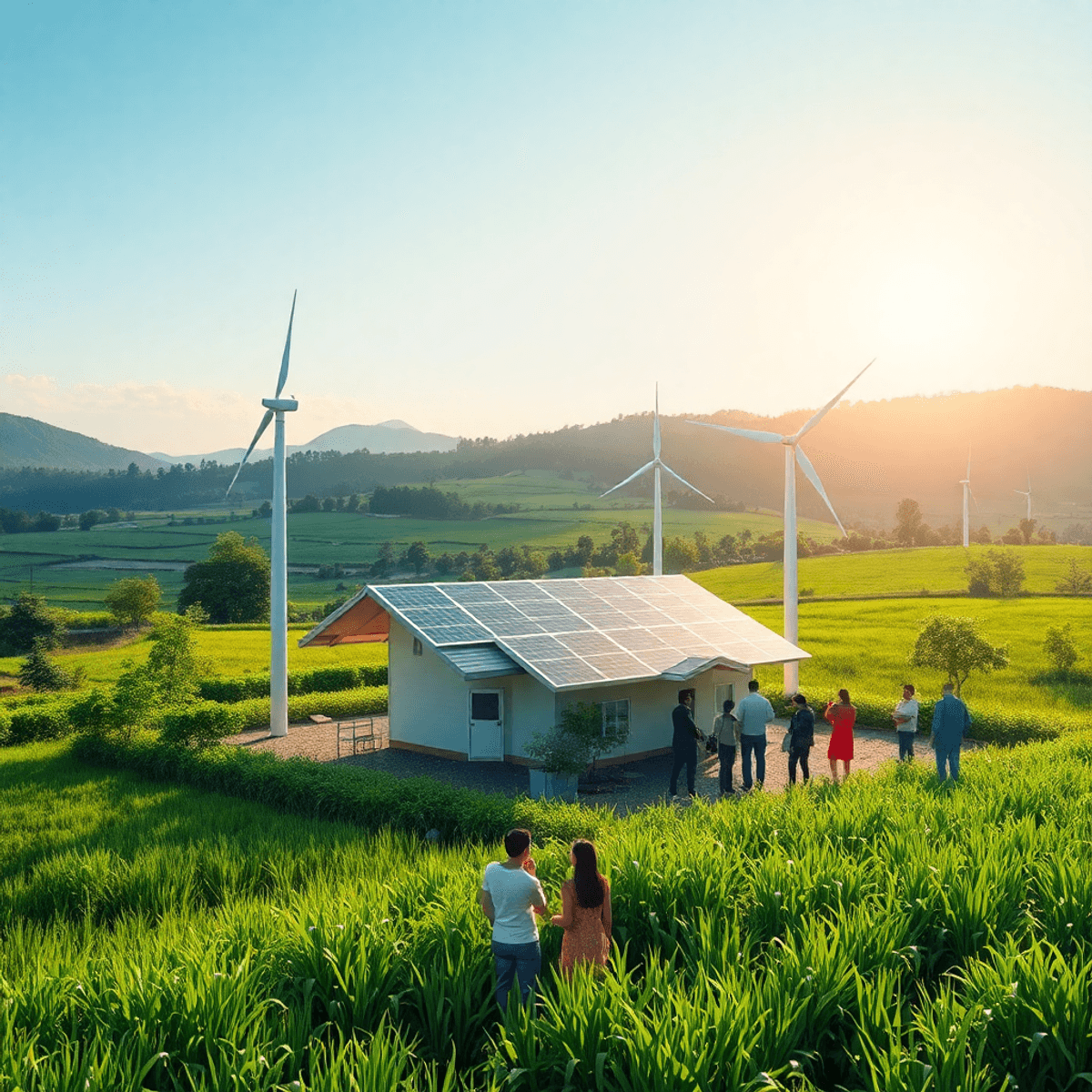 Sunlit rural landscape with solar panels, wind turbines, and a diverse community working together amid lush...