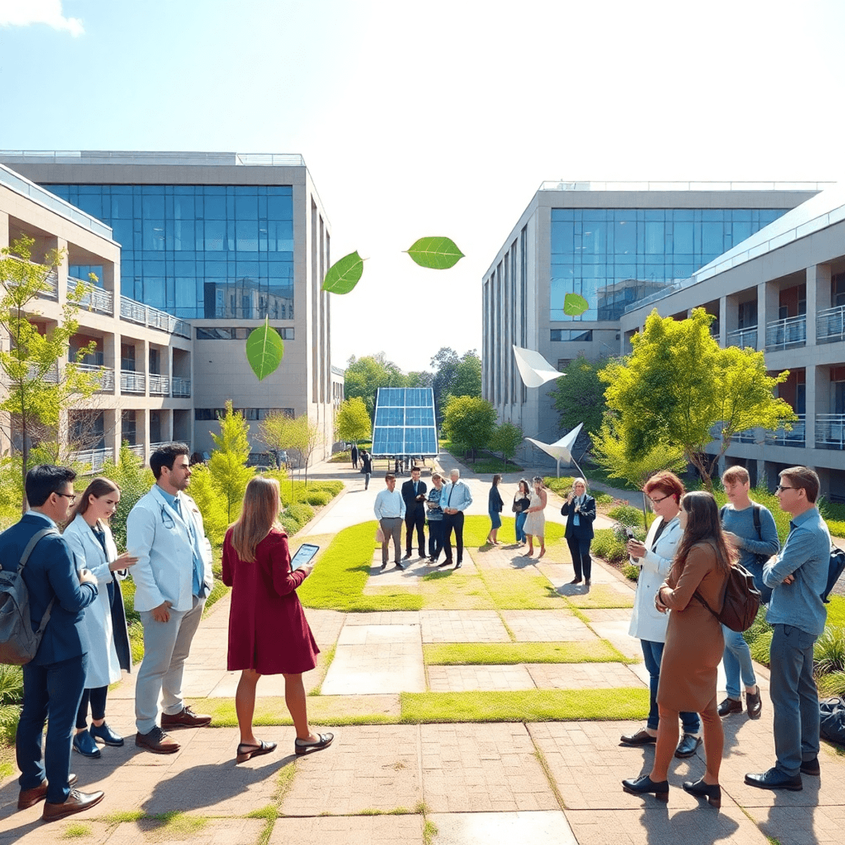 Modern university campus with diverse professionals collaborating outdoors, surrounded by greenery, solar p...