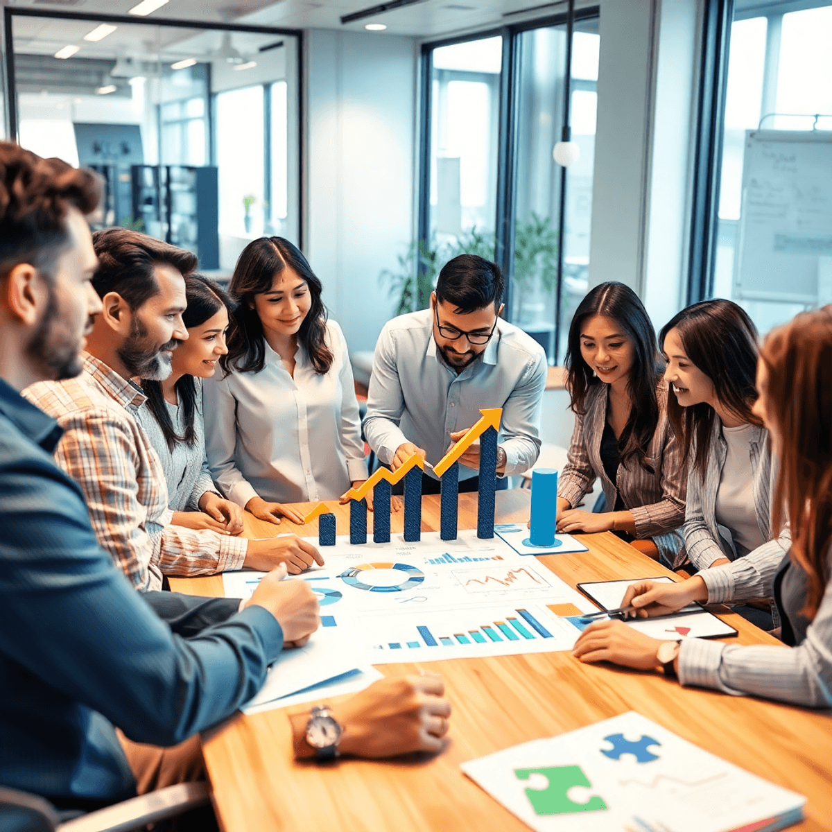 Team collaborating around a table with charts, graphs, and growth symbols in a modern office setting.