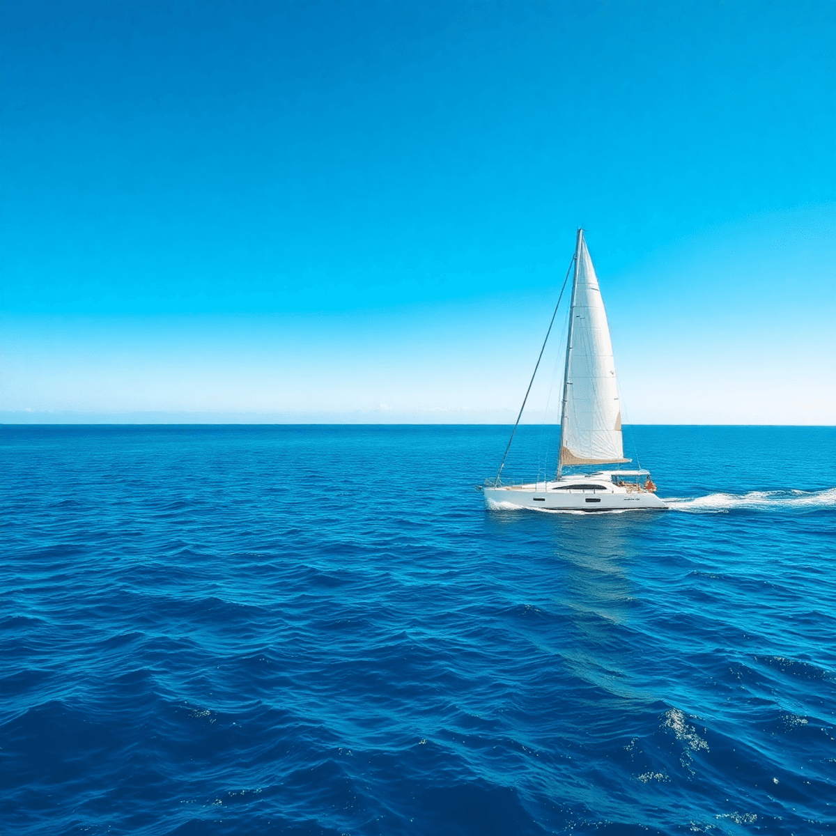 A sleek sailboat glides on calm, vibrant blue ocean waters under a clear sky, symbolizing exploration and n...