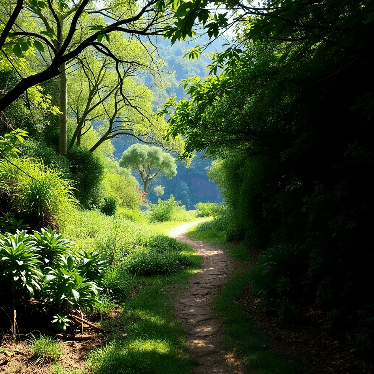 A lush green landscape with a winding path leading into a pristine, sunlit natural area, evoking peacefulness and adventure.