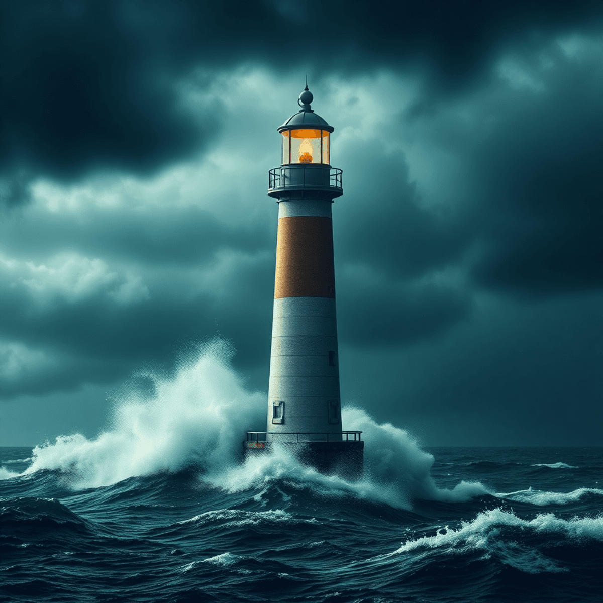 A lighthouse standing firm amid stormy ocean waves and dark clouds, symbolizing resilience and guidance dur...