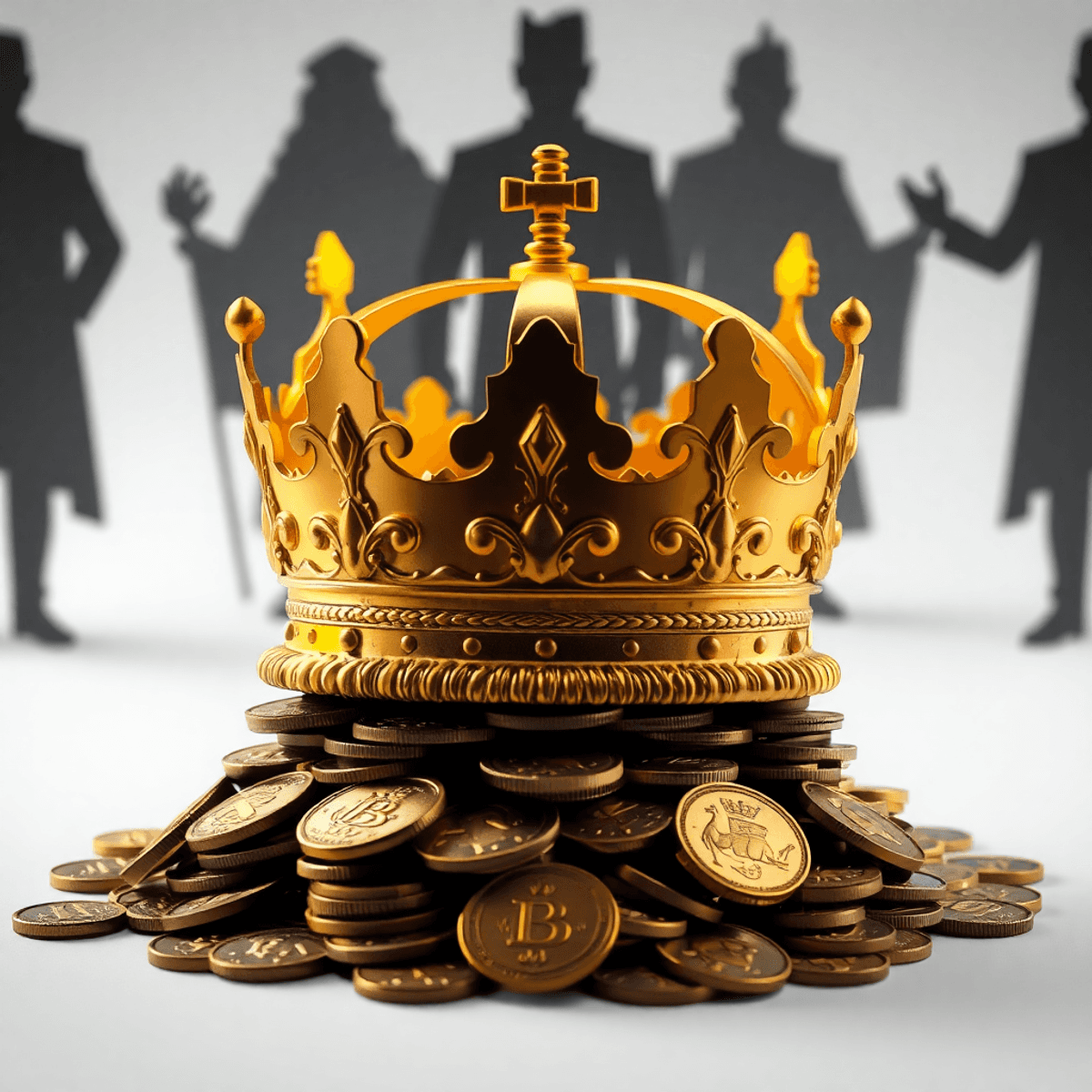 Golden crown on ancient coins with shadowy figures in the background, symbolizing wealth and power.