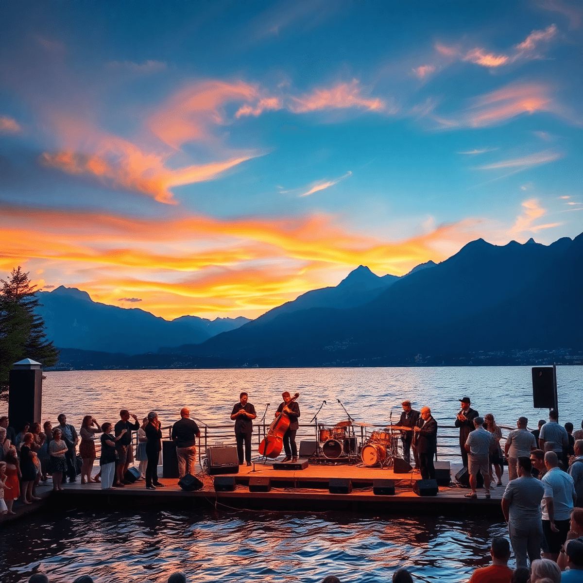 Jazz band playing on a lakeside stage at sunset with a festive crowd, sparkling water, and the Swiss Alps u...