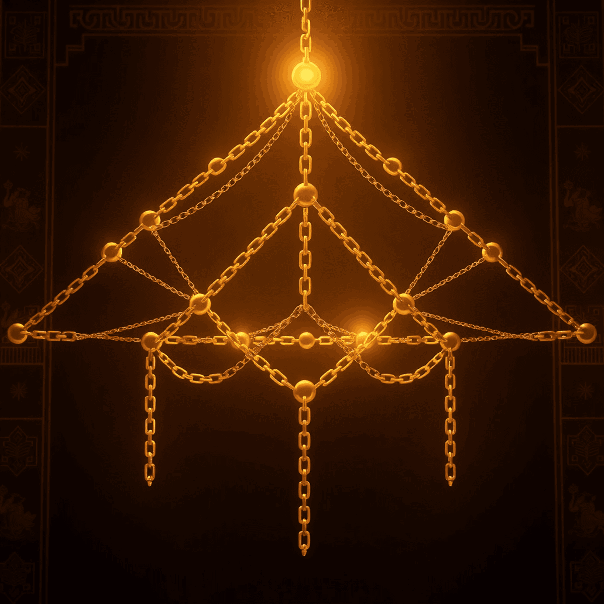 Interconnected golden chains form a radiant network over warm-toned cultural patterns, symbolizing power an...