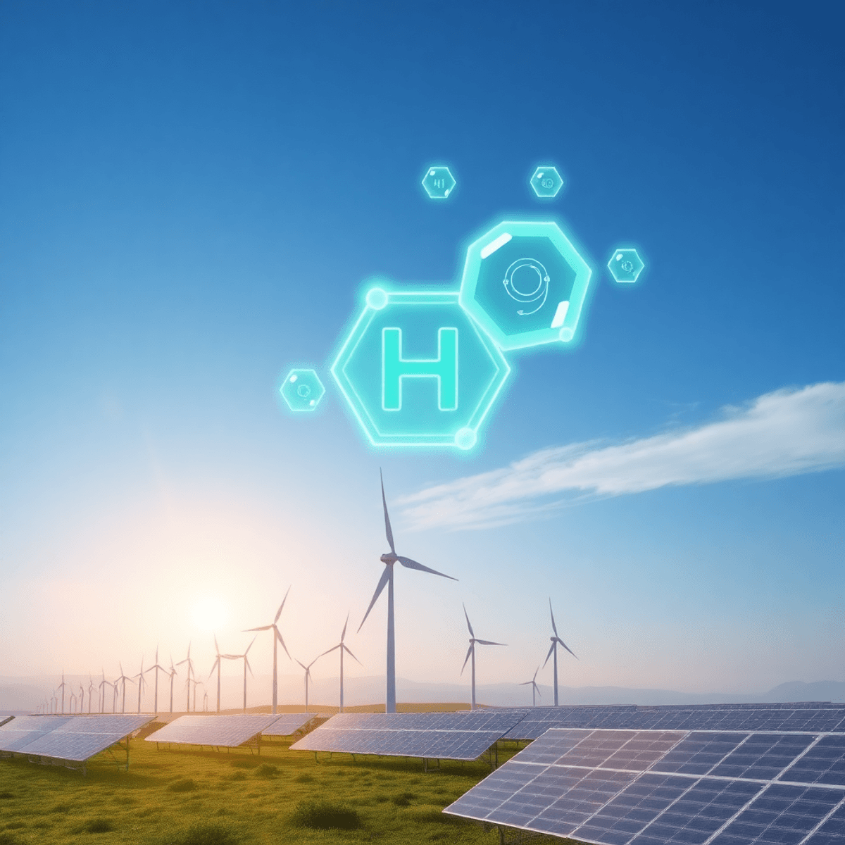 Futuristic landscape with wind turbines, solar panels, and glowing hydrogen molecules under a bright sky sy...