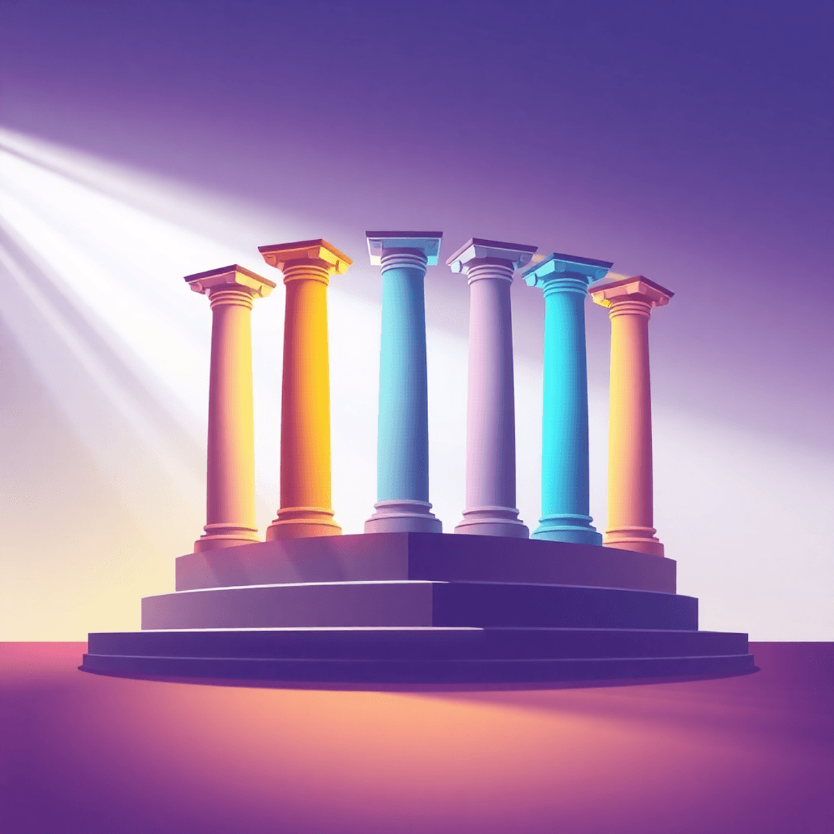 Abstract photo of five glowing pillars in different colors on a solid base, symbolizing growth, learning, i...