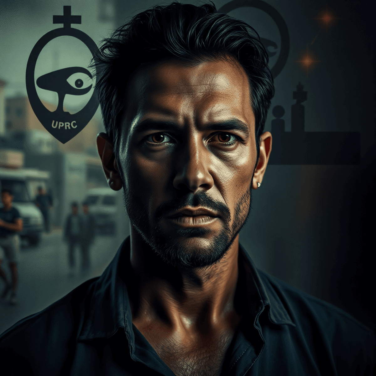 Dramatic portrait of a thoughtful actor against an urban Salvador backdrop with abstract shadows and glowin...