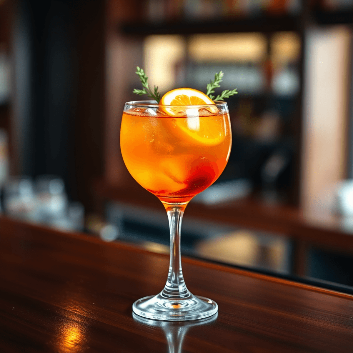 Elegant cocktail glass with layered amber and gold drink, garnished with citrus twist and herbs, on a polis...