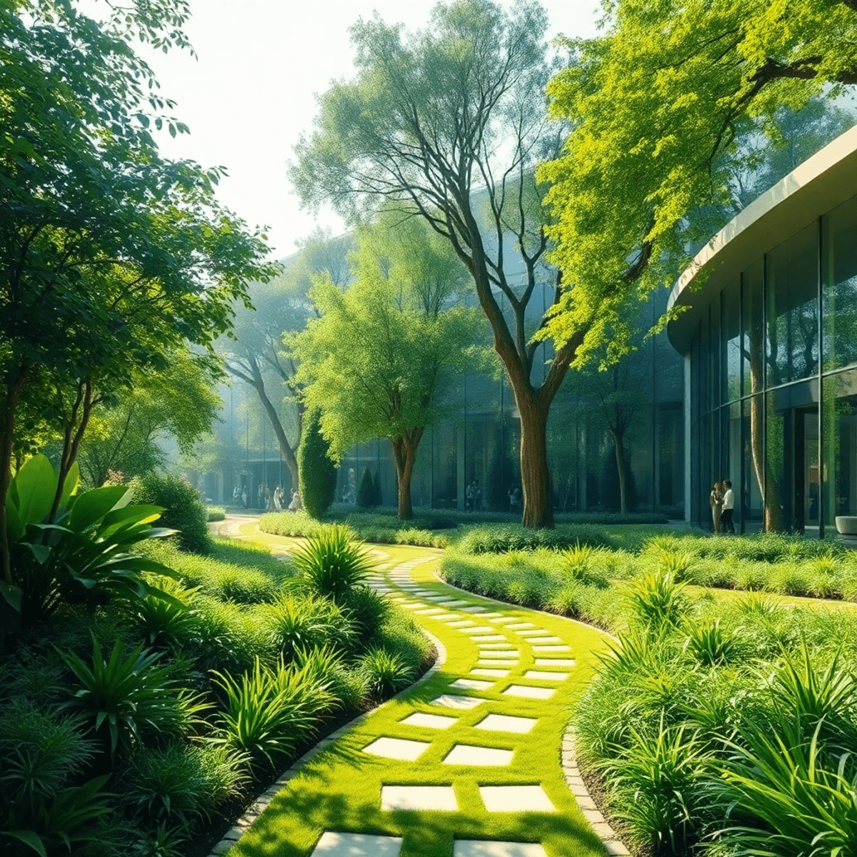 Photograph of a serene landscape with lush greenery, modern eco-friendly buildings, soft sunlight, winding ...