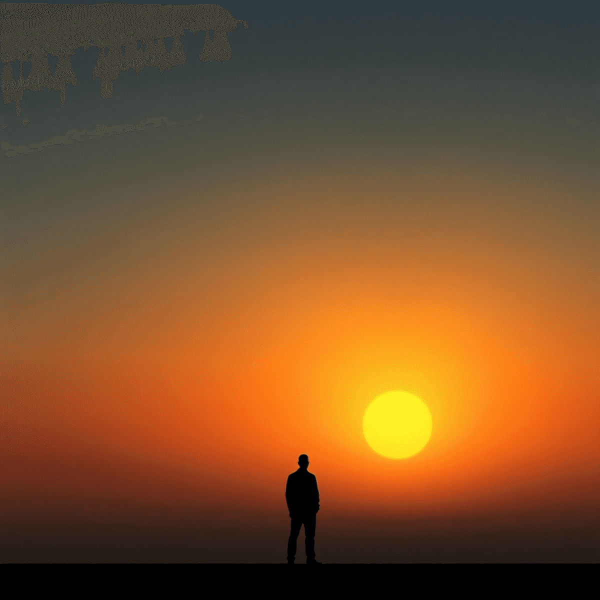 Silhouette of a lone figure standing against a glowing sunset sky with strong light and shadow contrasts in...