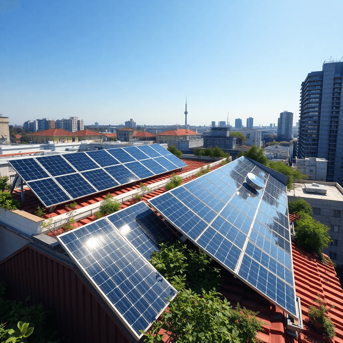 Urban rooftop with solar panels, greenery, and abstract metallic elements under a bright blue sky, symboliz...