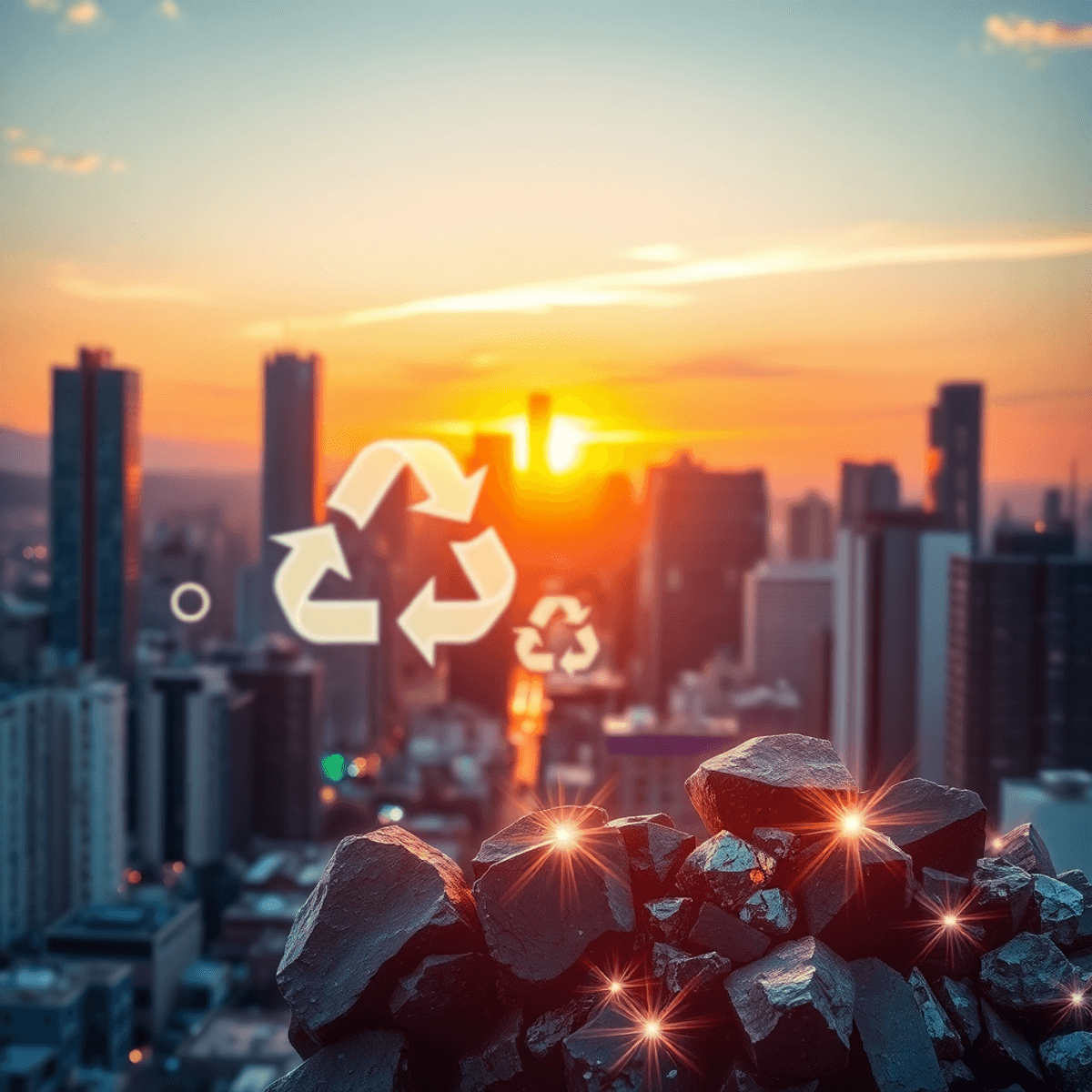 Sunset cityscape with glowing recycling loops and metallic crystals symbolizing mineral reuse and clean ene...