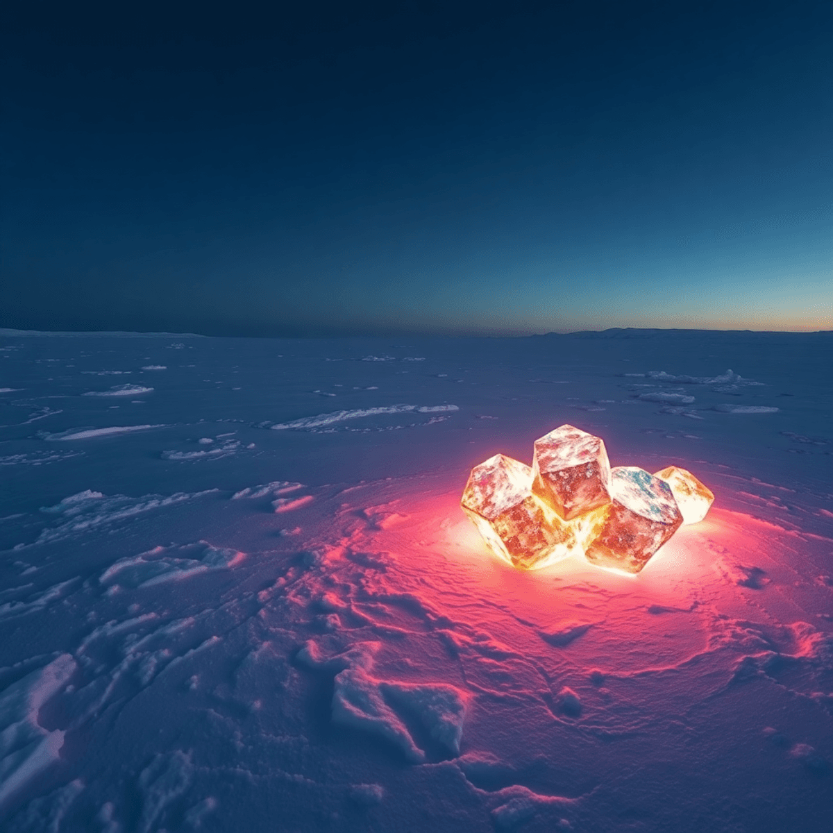 Photograph of a vast icy Arctic landscape under clear sky, with colorful glowing crystals beneath the ice s...