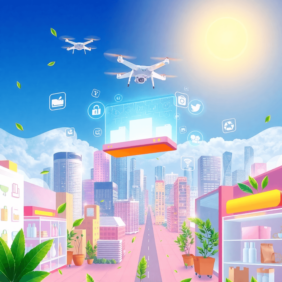 Futuristic online shopping with holographic displays, AI assistants, drone delivery over a vibrant city, fe...
