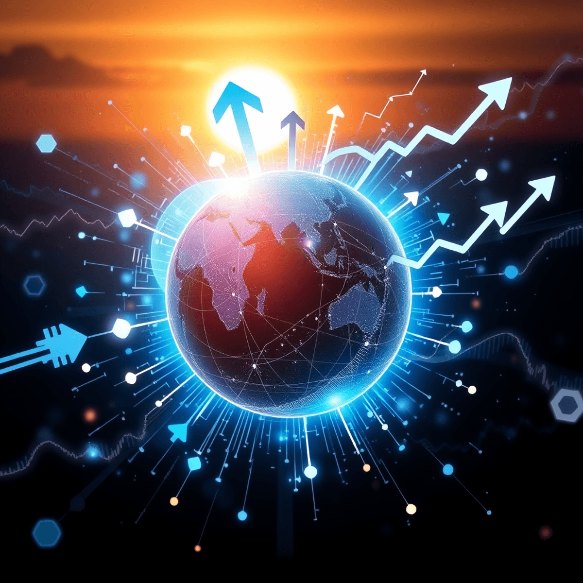 Futuristic globe surrounded by digital data streams, arrows, and graphs against a sunrise, symbolizing inno...