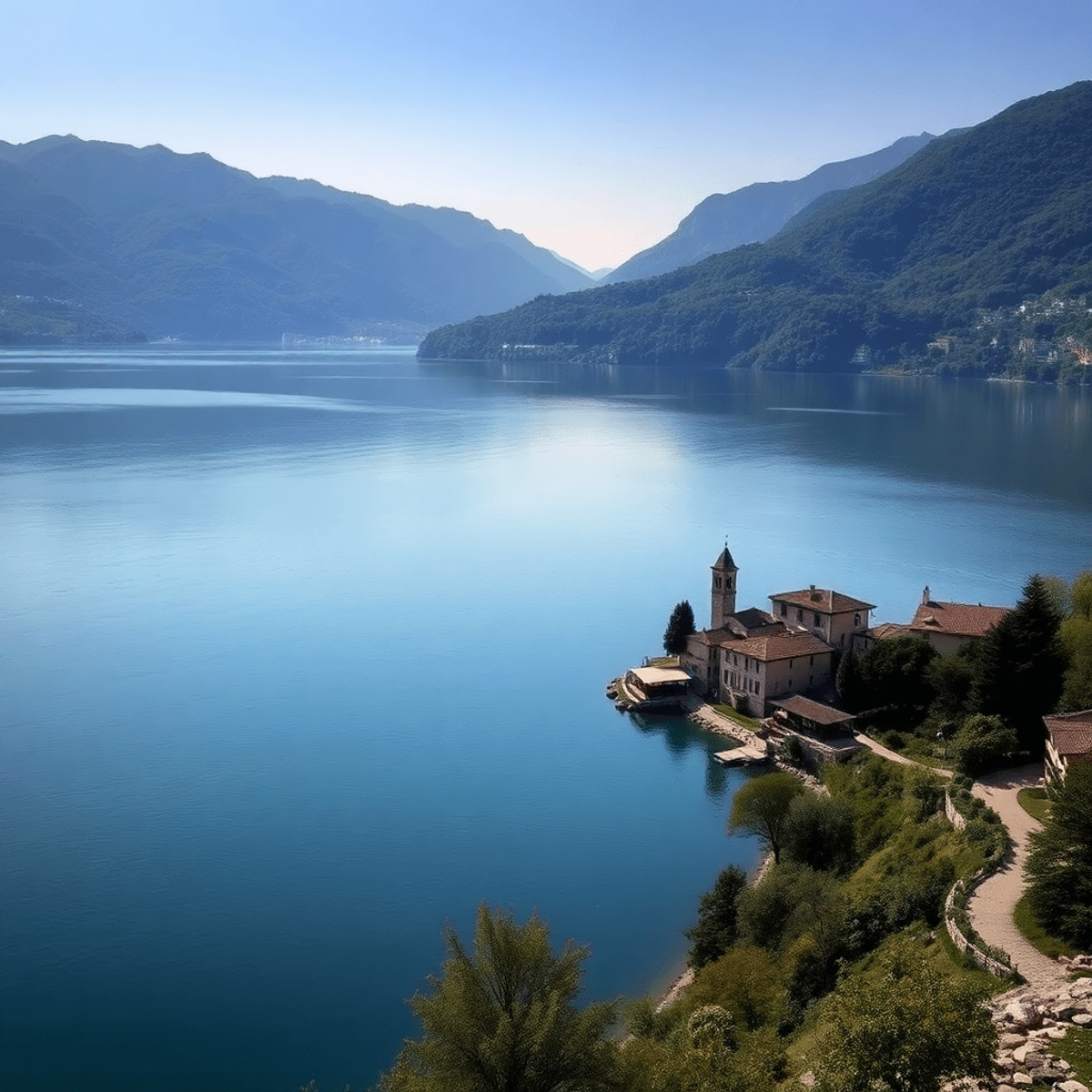 Calm Lake Como with clear water, green mountains, a rustic medieval village by the shore, terraced gardens,...