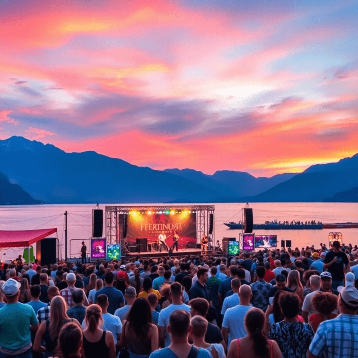 Crowd enjoying live music at a lakeside festival with illuminated stage, alpine mountains, and colorful dus...