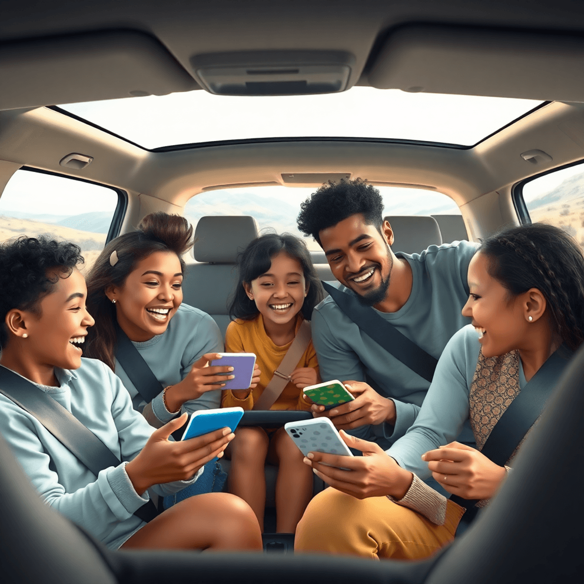 A cheerful family playing interactive travel games inside a car on a scenic road trip, laughing and enjoyin...